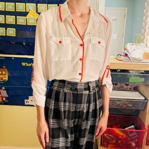 Mine Chiffon White and Orange Button Up Collared Shirt